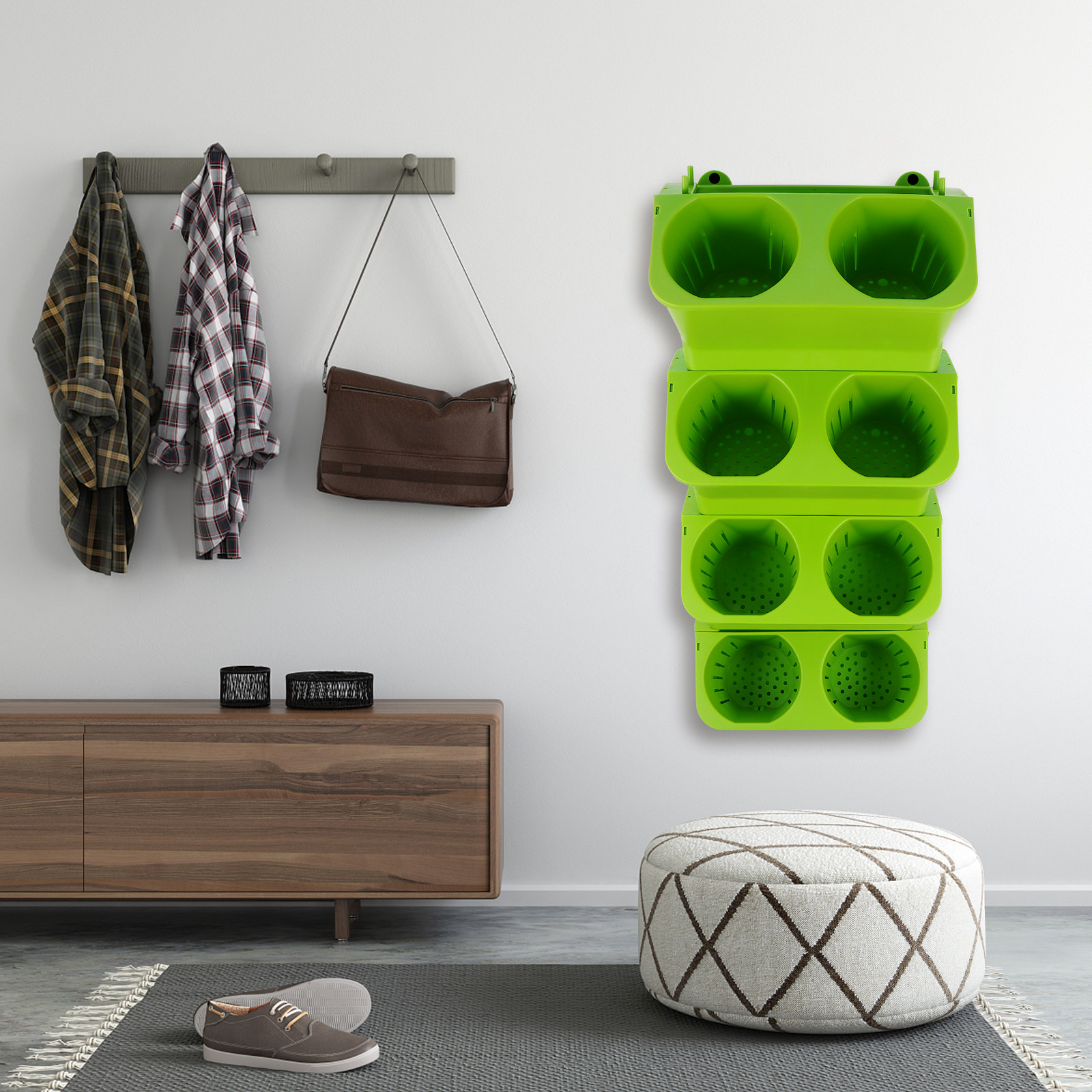 Self-Watering Planter - 4個セット 垂直壁掛けプランターセット 自動給水 2段式背景壁ポット 室内・屋外植物用 グリーンガーデン装飾