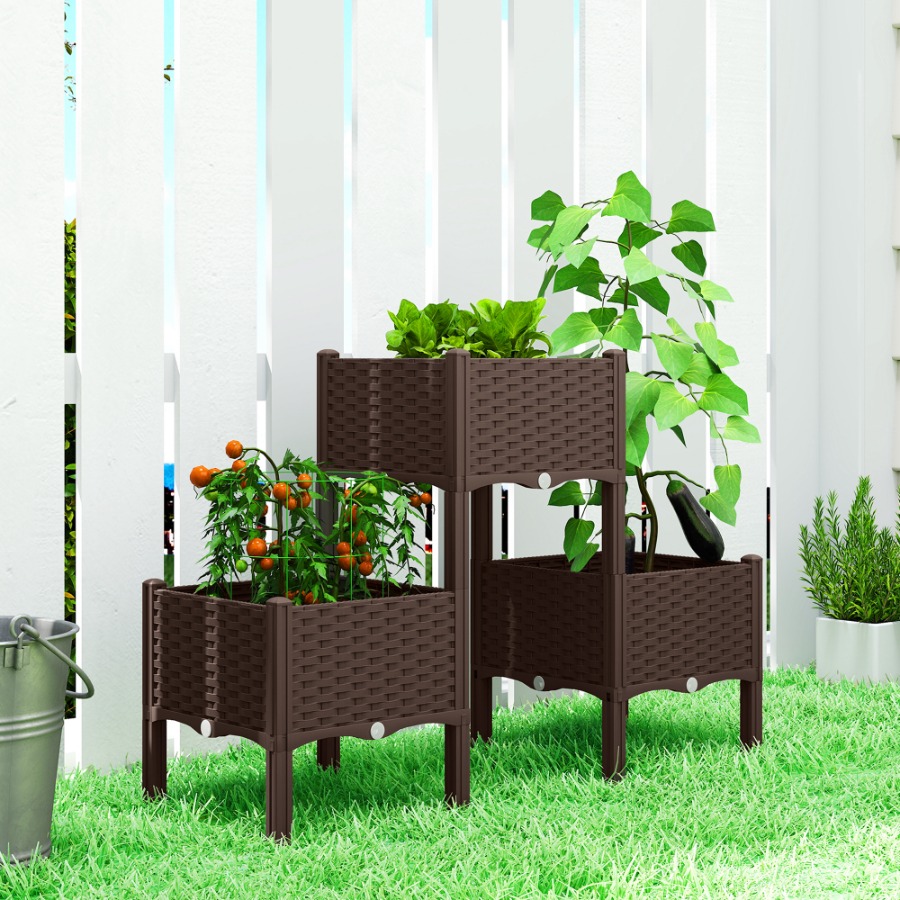 Self-Watering Planter - 脚付きのプラスチック製プランターボックス。排水穴と排水栓が付いており、水やりが簡単。組み立てが容易。